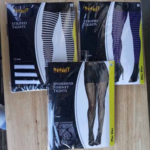 Spirit Accessories - Plus Size Tights Bundle Black & White, Purple & Black Stripes, Spiderweb Fishnet